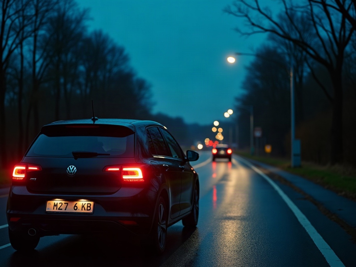 Test-drive at dusk on a wet two-lane road near Bratislava