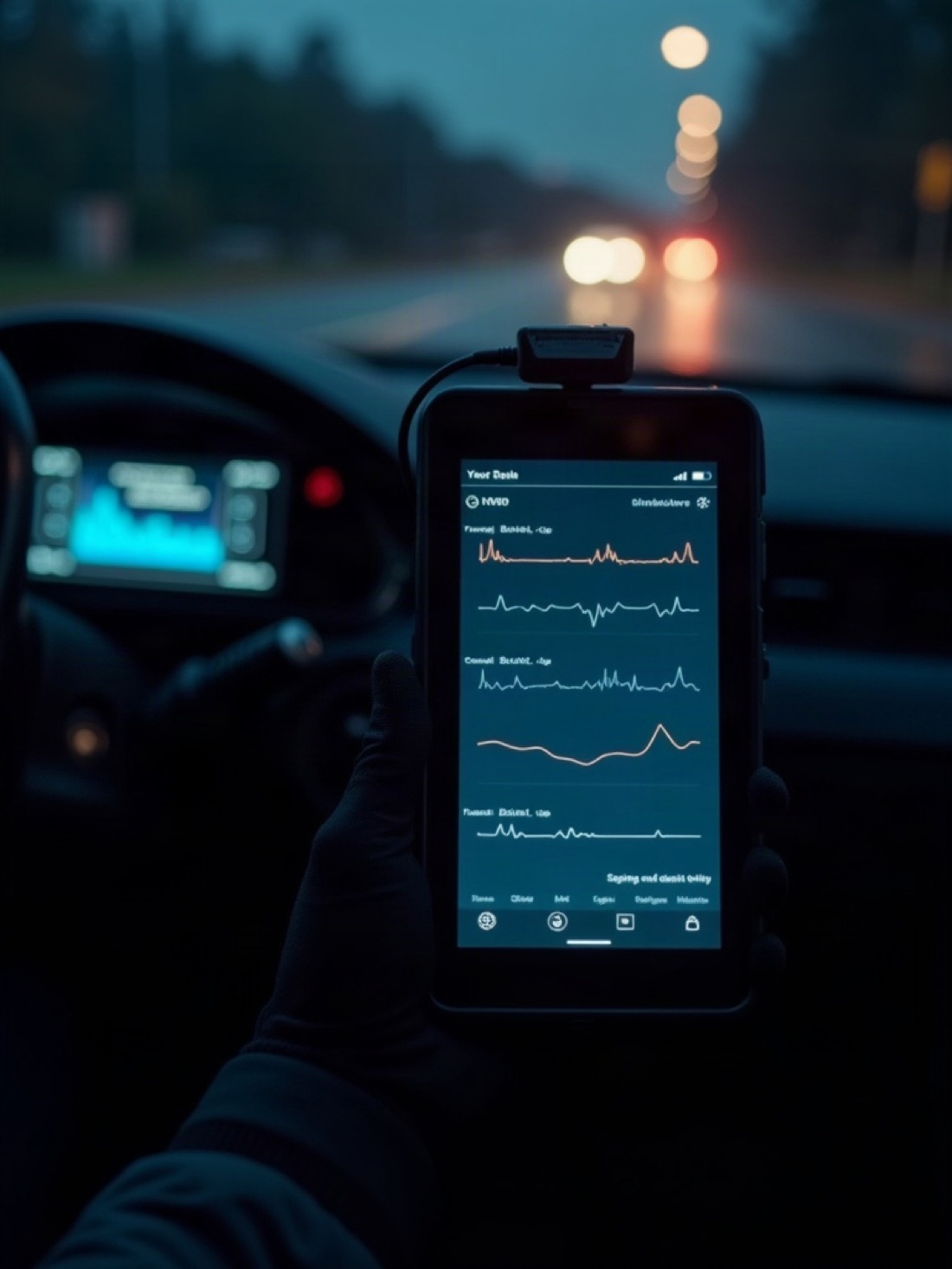 Diagnostic tablet and OBD cable in a car cabin with cyan screen glow