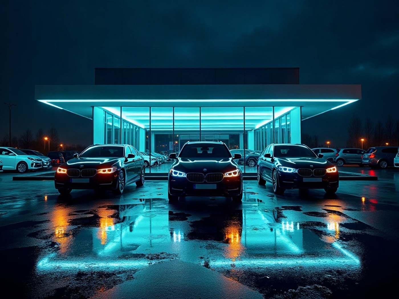 Night showroom with new unmarked sedans and an SUV under LED strips