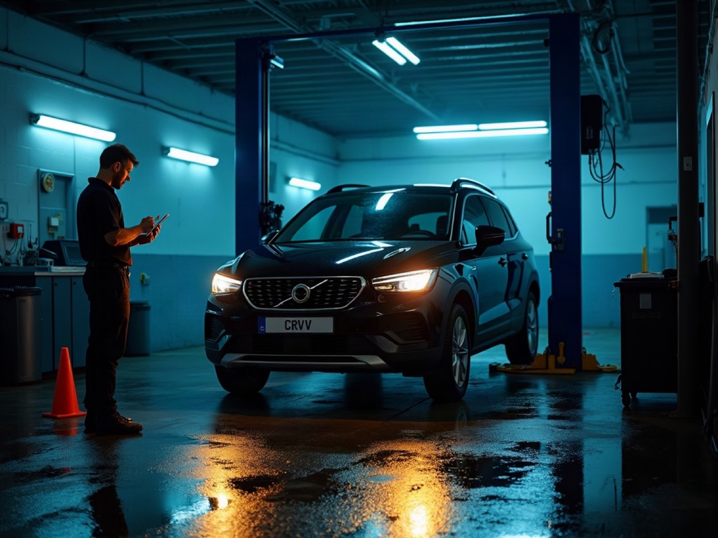 Used SUV on a lift in a diagnostic bay with a technician and tablet